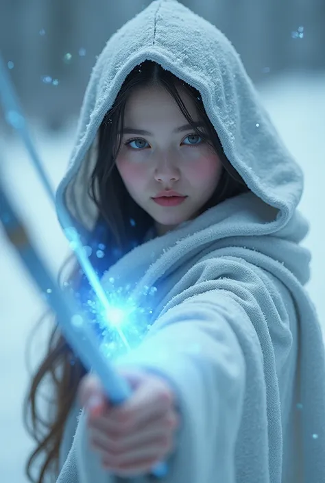 Close-up of an ice woman ,  seen from above in a snowy environment , with cape and hood,  with a bow in her hands and shooting an ice arrow with blue effects on the tip, with digital art