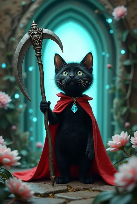 A cozy, charming scene featuring a cute black anthropomorphic cat with wide, curious eyes standing in front of a mystical, glowing door. The kitten, small and fluffy, wears a tiny, delicate red collar with a crystal pendant, giving it a touch of elegance. ...