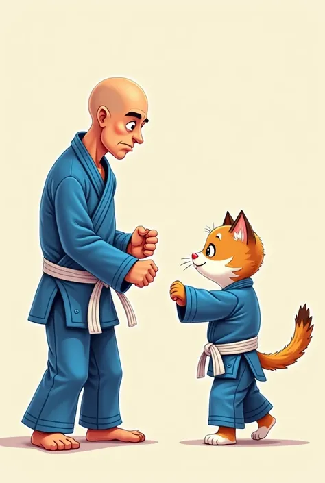 Cartoon bald father , Tall and thin and kitten son with straight hair, both wearing blue jiu-jitsu kimono and white waistband in a fighting position