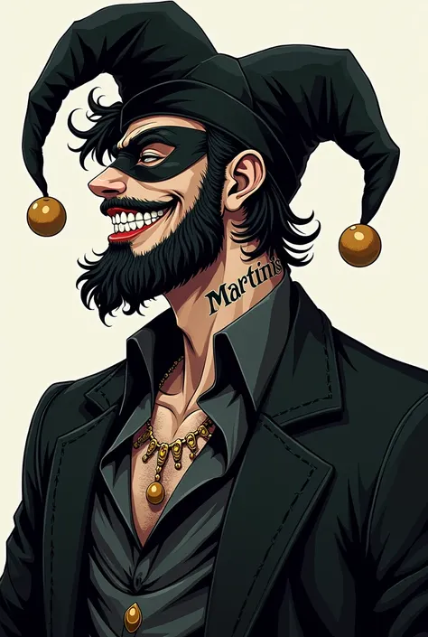 Jeune jester, mangas, solo leveling, grand sourire, grosses canines, grosse barbe, cheveux court et bouclés beau, charismatique, jeune, chapeau vénitien, clown, tatouage ecrit MartiniS (tatouage ecrit MartiniS au niveau  du coup) costard full black. Chapea...