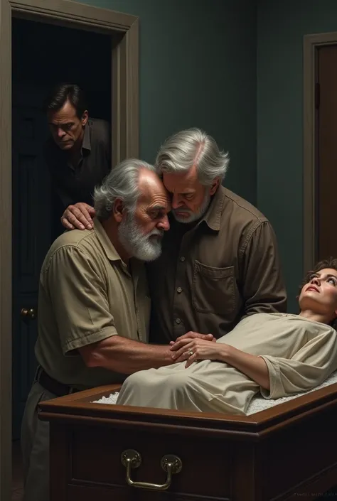 a son comforting his father who has hair due to the death of this sons mother, that the person in the coffin is an attractive but older woman ,  besides that there must be another man peeking out the door of this room 