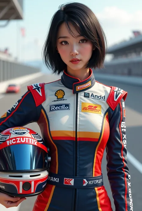 CREATE an image of one with short, straight hair with Asian features wearing race driver clothing and her hand holding a helmet