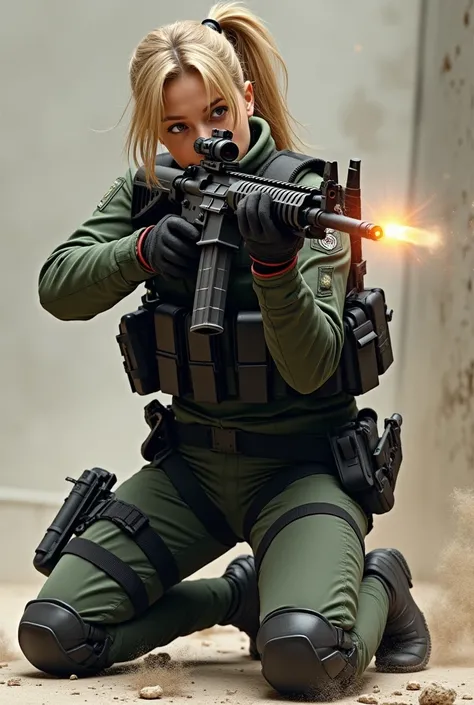 A young-looking ,  blonde woman wearing SWAT uniform and equipment ...。she&#39; s kneeling on one knee ,  holding an M-16 rifle .、 shooting with a flying ponytail 、 Dynamic composition at the moment of ejecting the cartridge