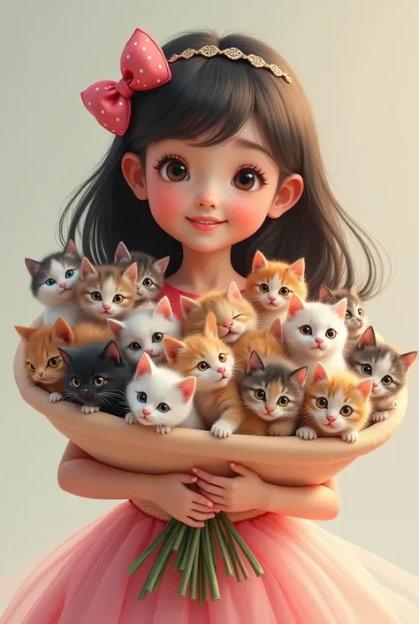 A cute realistic  wearing a party dress holding a bouquet filled only with colorful realistic kittens