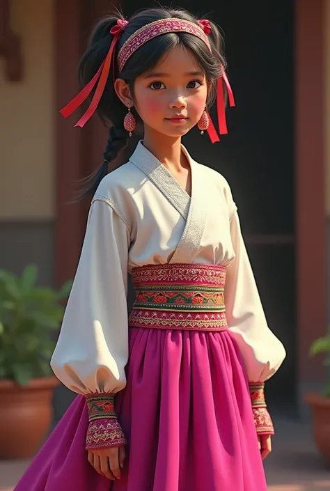 Girl dressed in a fuchsia skirt in regional fabric with white blouse and headband made of colored ribbons from the Lele wrist