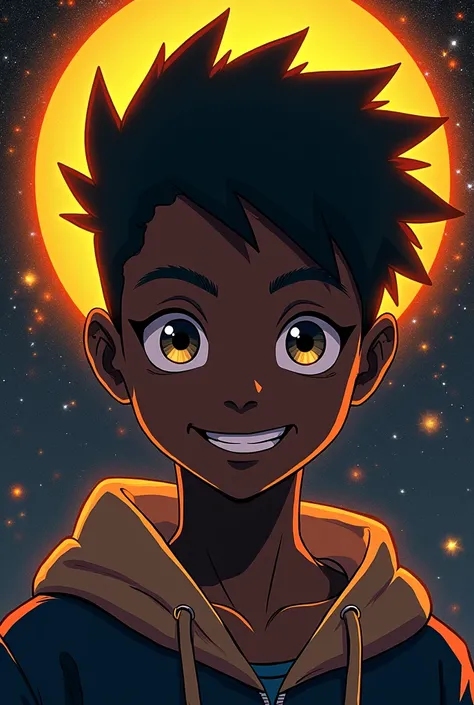  Create a wallpaper combining the face of a happy but a bit stupid black teenager,  with specific color elements (YELLOW, noir, orange) And a black sun background and Madara Uchiha behind in small print 