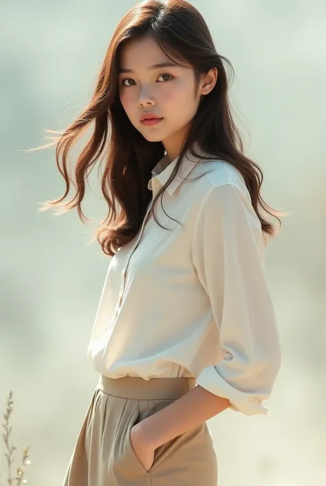 Beautiful girl with semi-long hair , In a white blouse and beige pants