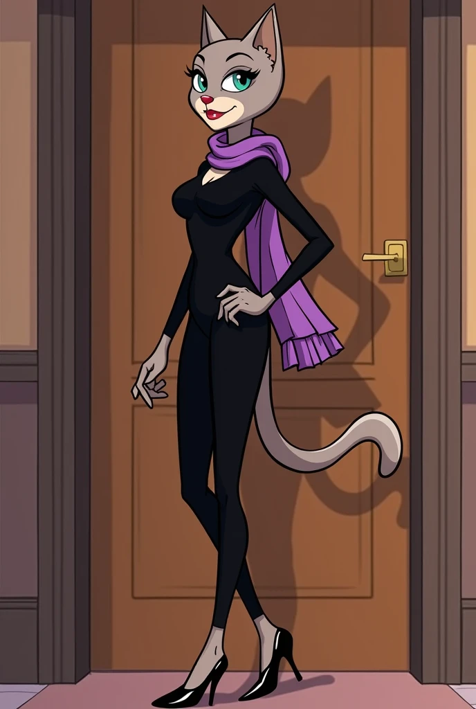 Sasha,  the humanized cartoon cat ,  she looks elegantly and confidently .  She wears a dark and tight outfit that highlights her stylized figure ,  complemented by high heels that give her an even more refined posture.  Her purple silk scarf waves subtly ...