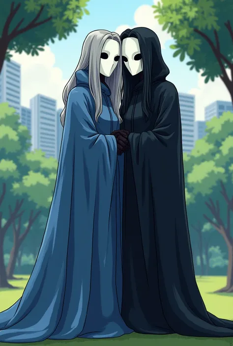 (2female, couple) faceless, mask (white face mask, black eyes/) grey hair, long hair, blue long cape, (cape covering full body/), cape touch the ground, used cape to covered, standing, mask (white face mask, Blue lining, black eyes/) black hair, long hair,...