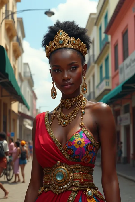 Create a beautiful young queen with a full body representing the country Haiti within your city and realistic and I want her with a full body