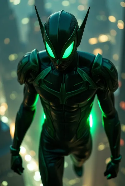 Harry Osborn, as the new Green Goblin, wears a suit inspired by the 2007 film. The dark green armor has sharp, angular lines, with a glowing green eye mask that mirrors his fathers, and a sleek, high-tech glider hovering beneath him. The suit is a mix of f...