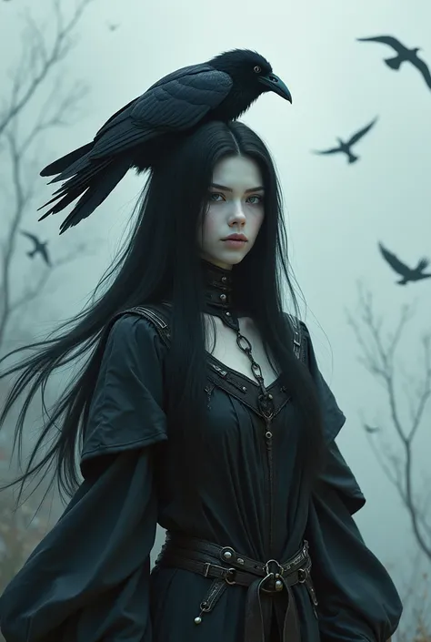 Digital fantasy artwork featuring a mysterious woman with long, flowing black hair and pale skin, standing in a dramatic pose. She wears a dark, tattered robe with intricate details, including leather straps and metallic accessories. Her intense gaze is di...