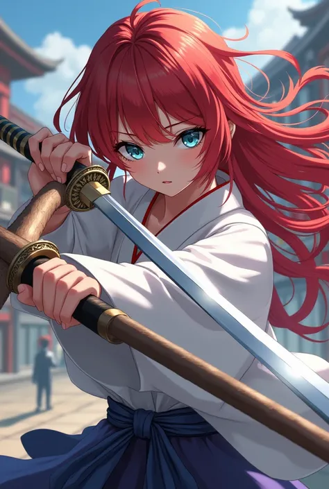 Kimetsu no yaiba (demon Slayer)  swordsman 18-year-old girl with long red hair  , Light blue eyes , with a white haori , with a katana being pierced across his shoulder hitting a pole