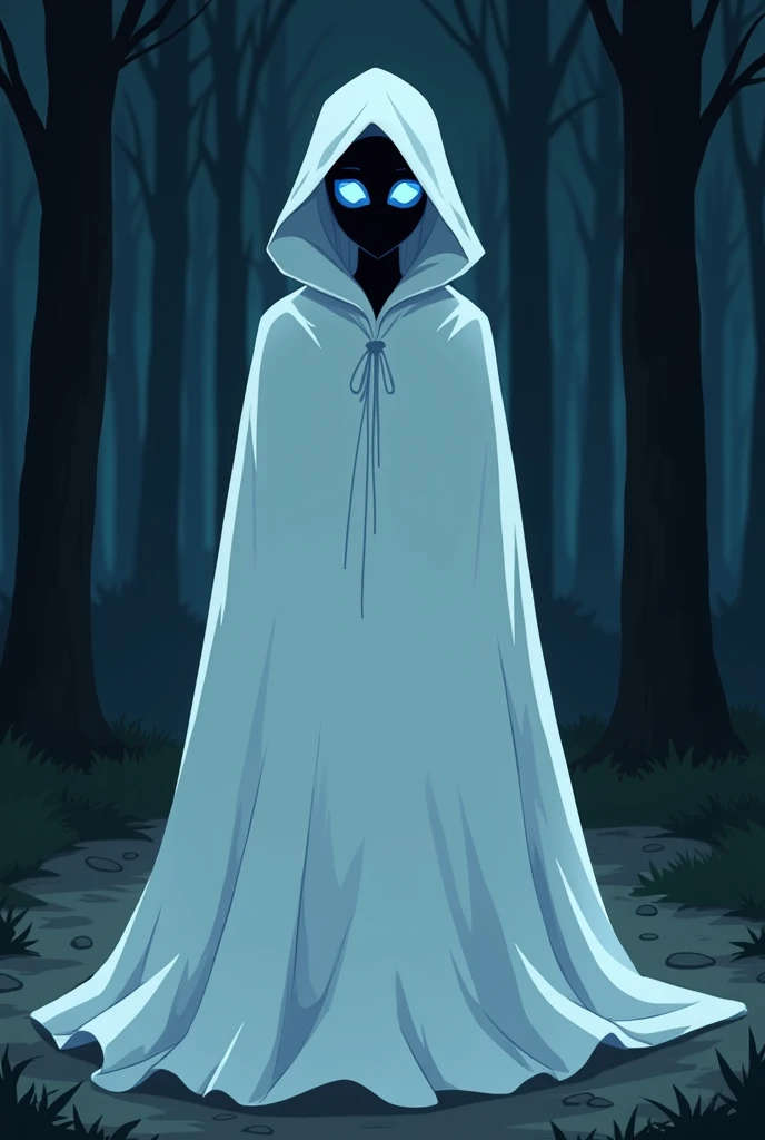 (1female, solo) faceless, mask (black face mask, Blue lining, white sight/), white long shining cape, (cape covering full body/), scary cape, used cape to covered, floating￼, flying, forest, night, animated cartoon style