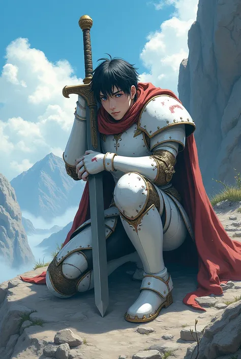  masterpiece ,  The best quality,  Anime style, 1 man, piel Blanca,  short hair,  black hair ,  blue eyes ,  heavy white armor with some broken parts, some wounds ,  on his knees supported with his holy sword ,  on a desolate mountain 