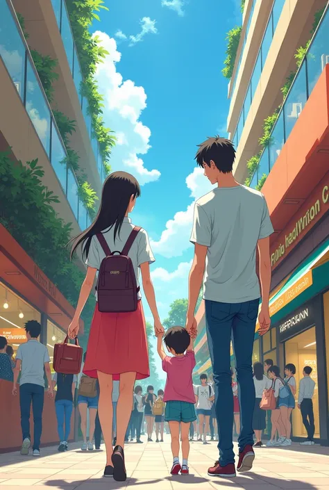 Anime-style image of a family at the mall 
