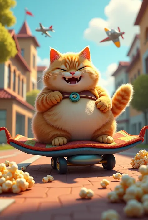 Draw a fat cat riding a carpet, a plane, smiling, eating popcorn and playing campus 3d