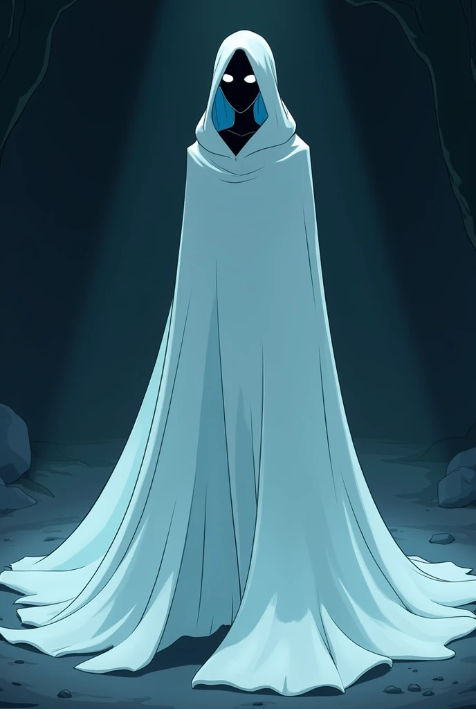 (1female, solo) faceless, mask (black face mask, Blue lining, white sight/), white long shining cape, (cape covering full body/), cape touch the ground, scary cape, used cape to covered, floating￼, night, animated cartoon style