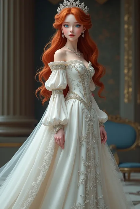 A red-haired low-bun blue-eyed princess in a long white dress with long sleeves and a huge 10-meter train with a silver tiara at her coronation 