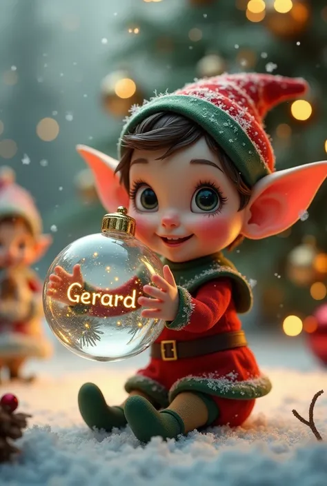 Cute little elf holding a transparent Christmas ball with the name Gerard on a Christmas background 