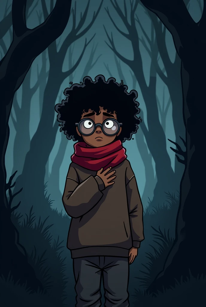 Make a black boy,  medium curly hair ,  large red scarf covering your mouth ,  Round glasses , brown sweatshirt with your hand on your chest . Do it in the cartoon style of a thriller / horror game and hes in a dark forest at night.