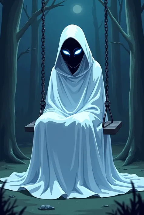 (1female, solo) faceless, mask (black face mask, Blue lining, white sight/), white long shining cape, (cape covering full body/), cape touch the ground, scary cape, used cape to covered, floating￼, night, playground, sitting the swing, animated cartoon sty...