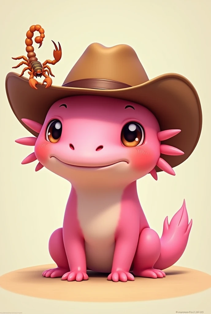 Animated pink axolotl with a ranch hat and a scorpion on one side