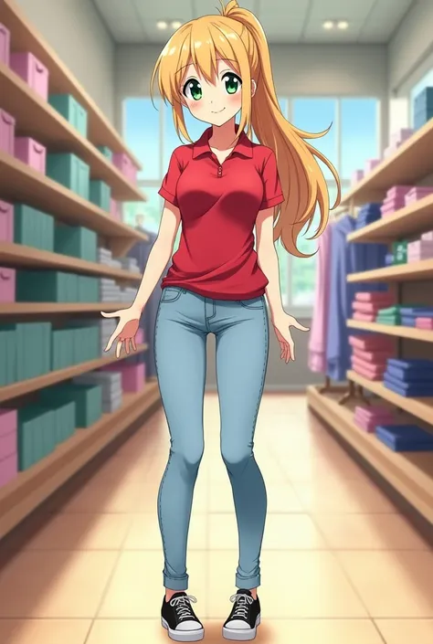 Young anime woman standing in a store, with long blonde hair with ponytail and green eyes, small height, wearing red skinny polo shirt with short sleeves and light blue skinny jeans, wearing black sneakers, looking with smile