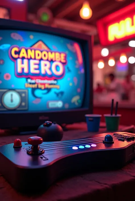  An image where you see a TV on with a video game console connected .  I would like the game to be a kind of guitar hero ,  but instead of a joystick shaped like a guitar there must be one shaped like a Uruguayan candombe drum,  your fish market with light...