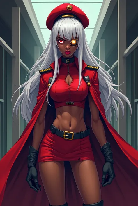 Slim and serious African-American girl with an evil face with long white hair with a cybernetic patch on her left eye white with a red beret and red cape and military red uniform with red boots and a red miniskirt with big full lips pixel art style 