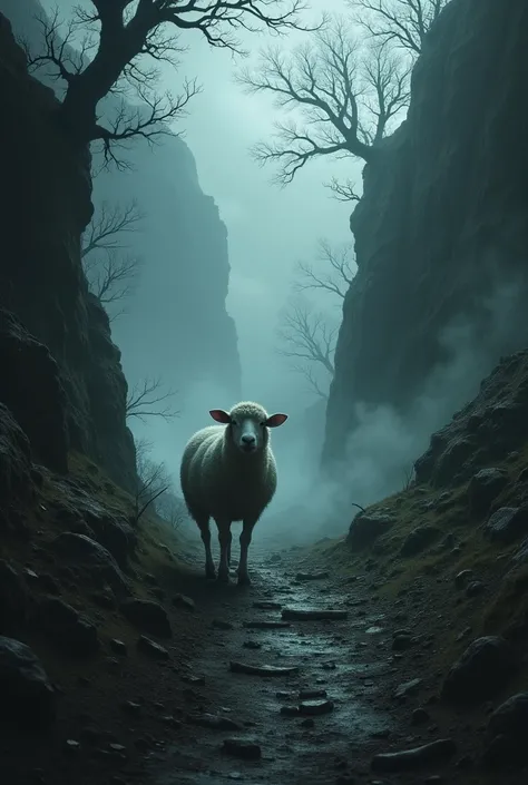 The sheep walking on a scary valley path