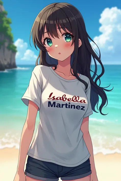 Super realistic anime images taking a photo in a part of Thailand at the sea or on the beach and the person has the t-shirt with the name Isabella Martínez 