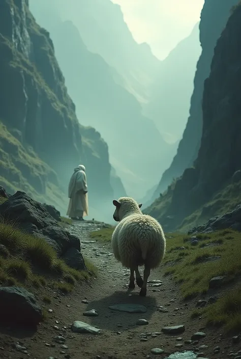 The single sheep walking on a scary valley path and Jesus at the side