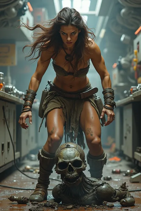 A beautiful warrior woman, brown hair, wearing a primitive loincloth, leather boots, tearing apart a broken robot woman that is lying on a work table with smoke coming out, in a futuristic laboratory 