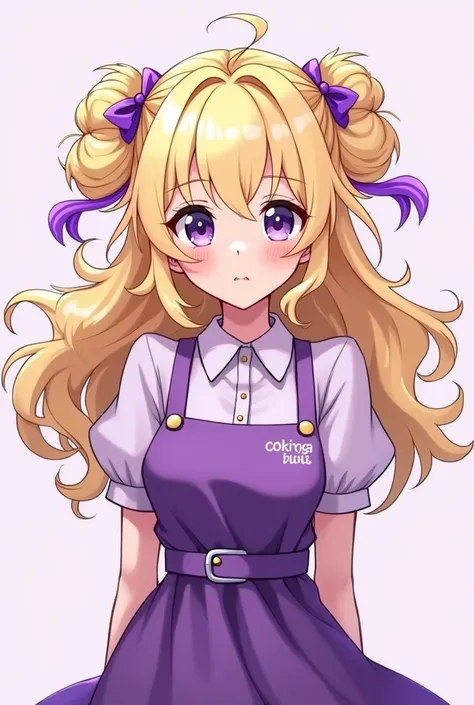 Live 2D inspired. Female. Drawn anime style. Front facing. Blonde hair, purple highlights. Long and curly hair. Small pigtails on the side. Baker inspired clothes, purple.