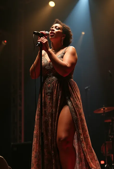 Make a believer singer in a dress with a print and microphone 