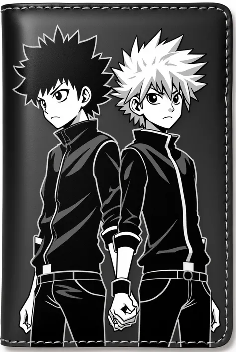 Image of anime Gon and Killua together as a colorless laser engraving only black for a black wallet cover for a boyfriends gift where both characters look epic and original vertically the image has to be