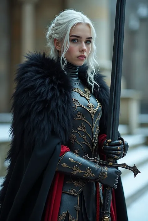 work of art, impressive of a woman khls,  wearing armor and a gothic photo portrait (helmet:1.2), Black Gothic Armor, (intricate black poncho with hood:1.27), lace gold, black gauntlets, inspired by dark souls
  .  with wavy white hair,side braids,beautifu...