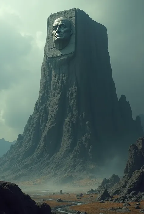 A vertical dark, gloomy giant rock with a very ancient small bas-relief of Donald Trumps face on top from some unknown super-developed civilization, seen from afar, art fantasy