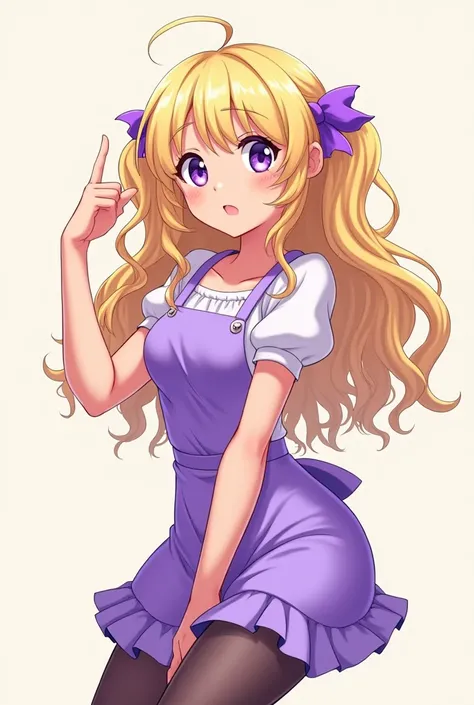 Live 2D inspired. Female. Drawn anime style. Front facing. Not chibi. Blonde hair with purple highlights. Long and curly hair. Small pigtails on the side. Baker inspired clothes, purple.