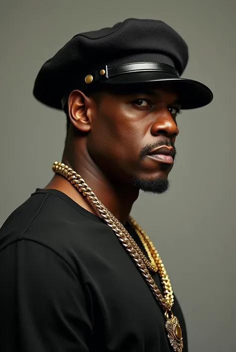 (Photorealism:1.2), An american actor Denzel Washington,side pose standing  in a dashing style, wearning cap, wearning chains in neck.