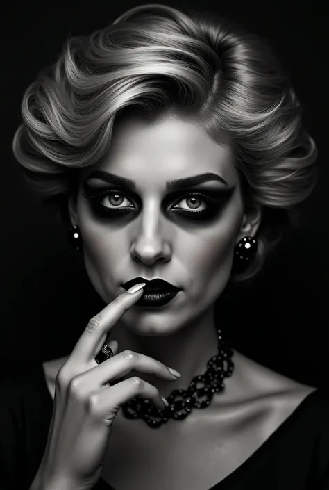 Princess Diana with extreme black eye makeup, long black lashes, With cigarette in mouth 