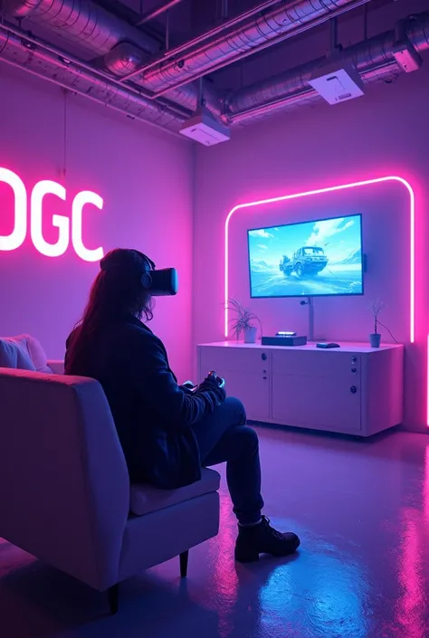 Augmented virtual reality video game room conditioned for player comfort,  with neon violet colors and on the wall that says DGC