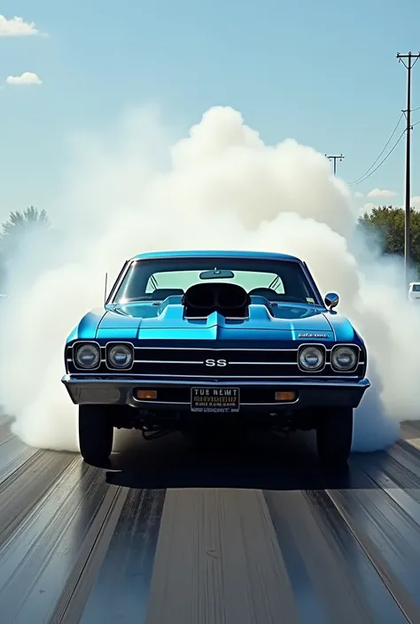 High-quality 1969 Chevrolet Chevelle blue with a big hood scoop make the car look angry next to it. This is a gray Tesla make the Tesla look afraid of the Chevrolet, the two cars are lined up to drag race, the Chapelle is burning out, making a lot of smoke...