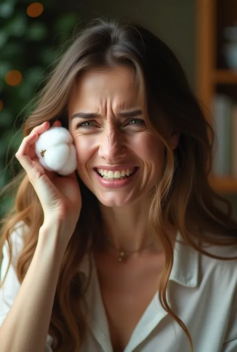 A woman in her thirties, brown hair, yeux verts, fait une grimace de douleur car elle a une grosse boule de coton dans loreille 