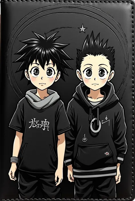 Image of anime Gon and Killua together of children looking forward as a laser engraving without color only black for a black wallet cover for a boyfriends gift where both characters look epic and original with movements mitigated vertically there must be t...