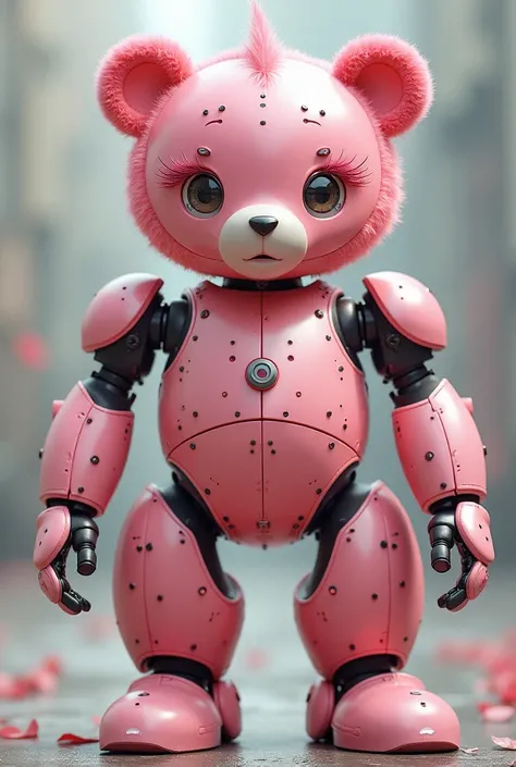 The tall bear robot has pink hair and eyelashes