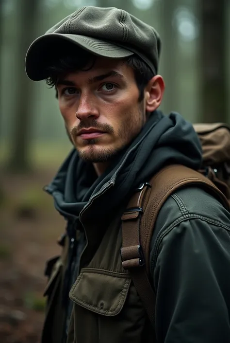 Man in dark hunters clothing,  dark brown hair and eyes, white skin with warm undertone ,  short hair.  Without a beard and youthful appearance 