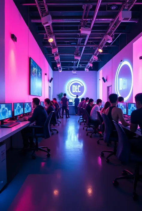 Video game room ,  where technological events are held,  tournaments are held with neon violet walls and on the wall that says DGC