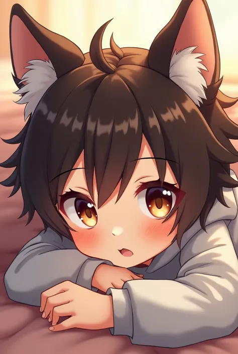 16-year-old boy animate dark brown hair and eyes with ears and black wolf syrup Cuddly anime 